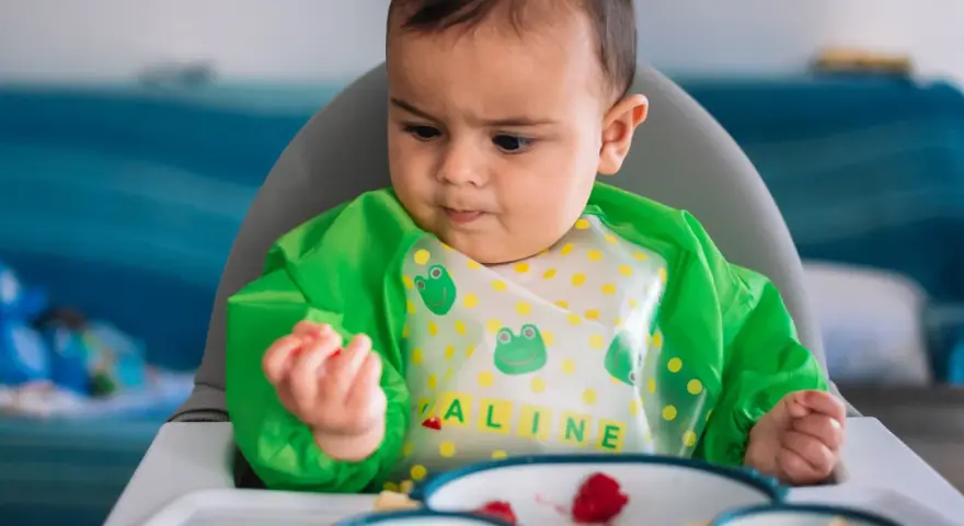 Bebé con babero verde, aprendiendo a comer con las manos. En su plato hay trozos de fruta.