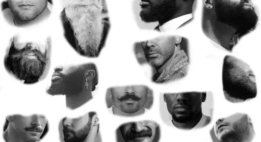 Collage de visages masculins, mettant en avant divers styles de barbe et moustaches. Un véritable catalogue de barbe dessinée.