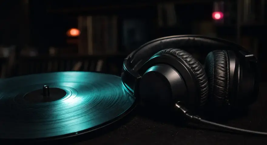 Schwarze Kopfhörer neben einer Vinylplatte, ideal für indie musik beispiele. Im Hintergrund Regale voller Platten.