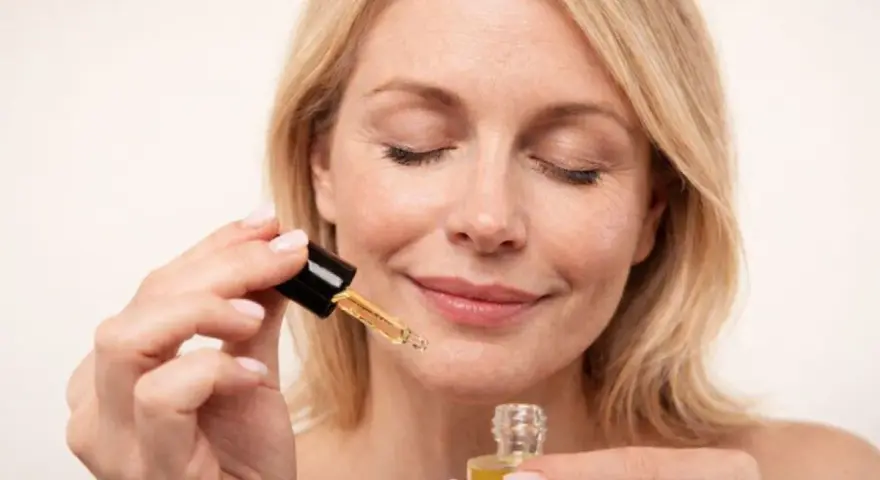 Kobieta z zamkniętymi oczami aplikuje serum z **retinolem**, dbając o skórę, by uniknąć efektów **solarium**.