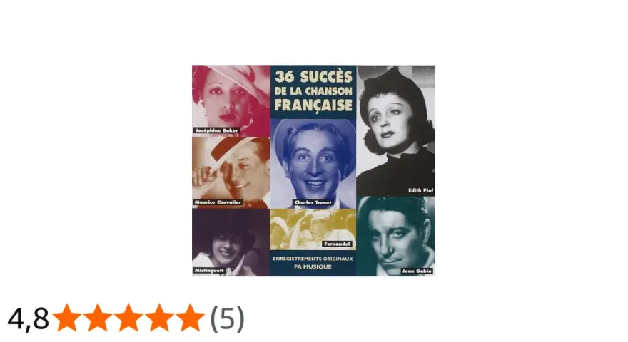 Compilation "36 Succès de la Chanson Française" avec Charles Trenet, Edith Piaf, Joséphine Baker, et d'autres légendes.
