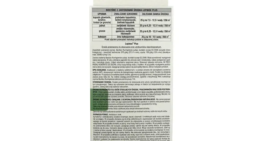 Lepinox Plus: środek do zwalczania gąsienic motyli na kapuście, jabłoni i gruszy. Stosować wieczorem.