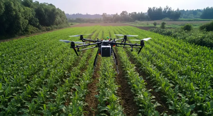 A drone hovers over a lush green field, a silent guardian agriculture, monitoring crops.