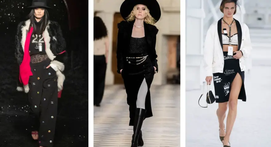 Moda Coco Chanel: tre modelle sfilano con abiti iconici. Pelliccia, cappelli e perle definiscono lo stile.