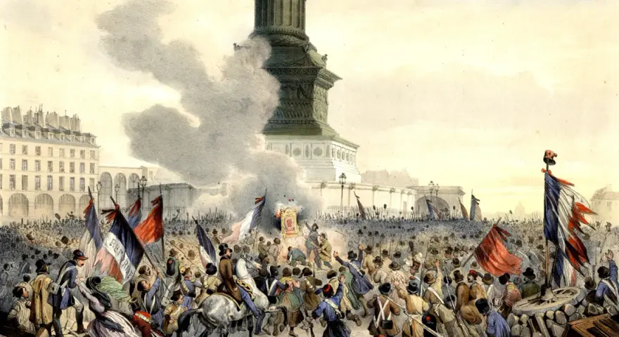 Foule en liesse devant la colonne, drapeaux tricolores flottant, une révolution en marche. On entendrait presque les discours enflammés de Ledru-Rollin.