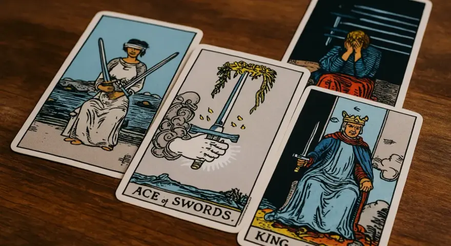 Cartas de tarot: el Rey de Espadas, el As de Espadas y el 9 de espadas, con una figura afligida al fondo.
