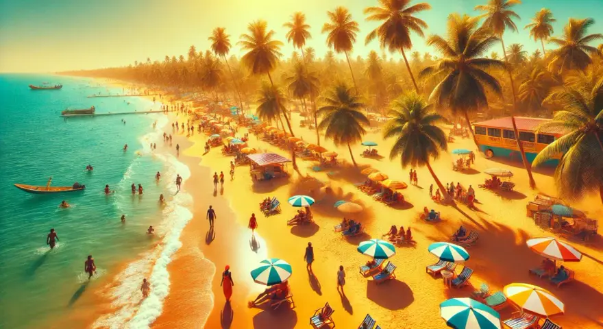 Słoneczne plaże Gambii, palmy, turkusowa woda i tłumy ludzi cieszących się wakacjami.