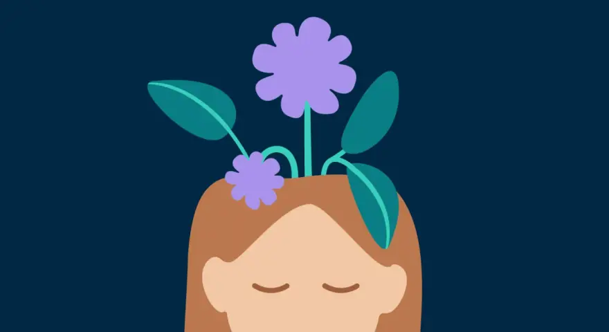 Blommor växer ur ett huvud, en symbol för hur kognitiv terapi kan hjälpa tankar att blomstra.