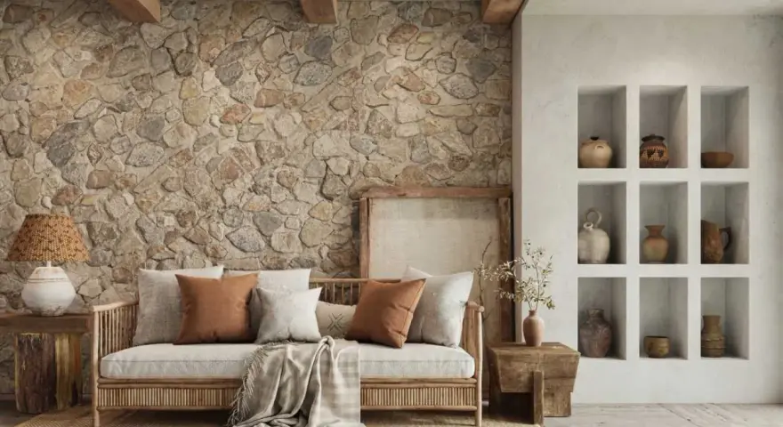 Sofá de madera con cojines y manta, junto a una pared con acabado rústico de piedra y vigas de madera.