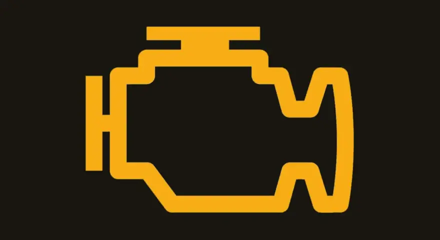 Gelbes Symbol eines Motors auf schwarzem Hintergrund. So sieht die Motorkontrollleuchte aus, wenn etwas mit dem Antrieb nicht stimmt.