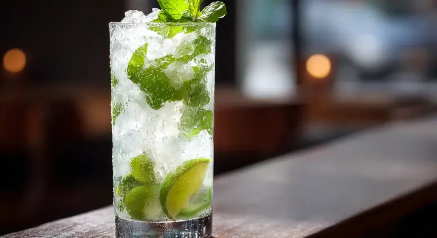 Ett glas med is, mynta och lime, perfekt för ett uppfriskande mojito recept.
