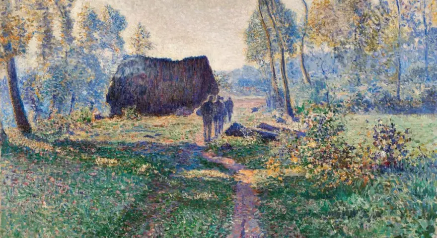 Un chemin ensoleillé mène à une chaumière, sous le regard d'un peintre impressionniste. Des silhouettes se promènent dans un paysage lumineux.