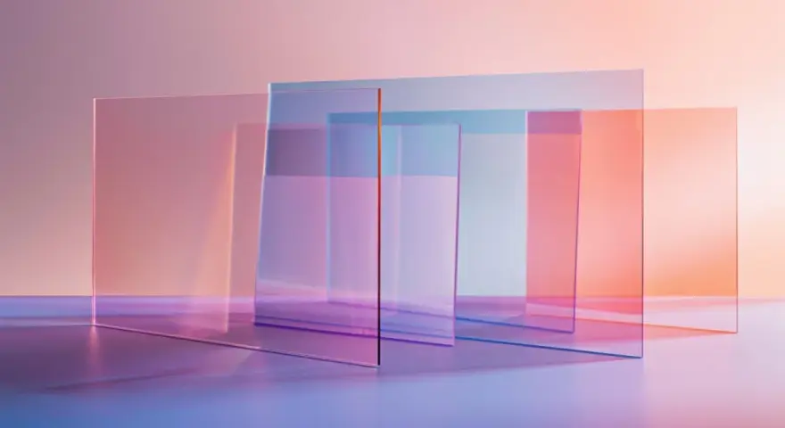 Rectangular panes of transparent material, tinted in soft pinks, blues, and oranges, overlap to create a layered, abstract composition.