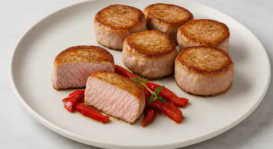Seis medallones de solomillo a la plancha, jugosos y dorados, servidos con pimientos rojos asados y una ramita de hierbas.