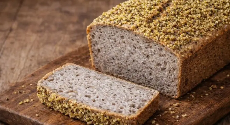 Ein rustikales Buchweizenbrot mit einer Scheibe auf einem Holzbrett. Die Kruste ist mit Buchweizenkörnern bestreut.