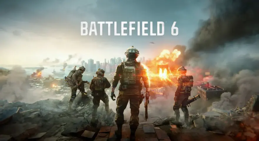 Żołnierze na tle płonącego miasta, z napisem "BATTLEFIELD 6". Gra dostępna w ramach Game Pass.