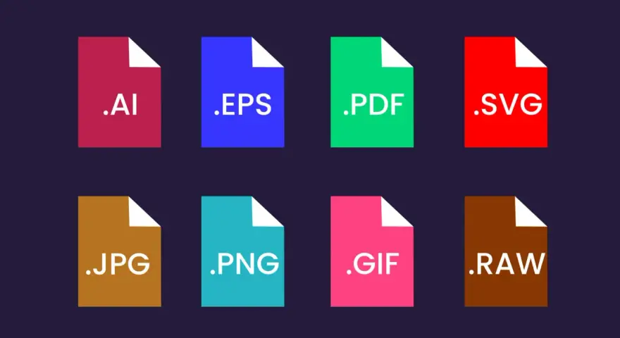 Kolorowe ikony plików: .AI, .EPS, .PDF, .SVG, .JPG, .PNG, .GIF, .RAW. Ten plik graficzny prezentuje różne formaty.
