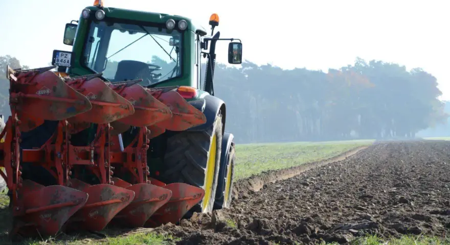 Zielony traktor z pługiem orze pole. W tle mglisty las.