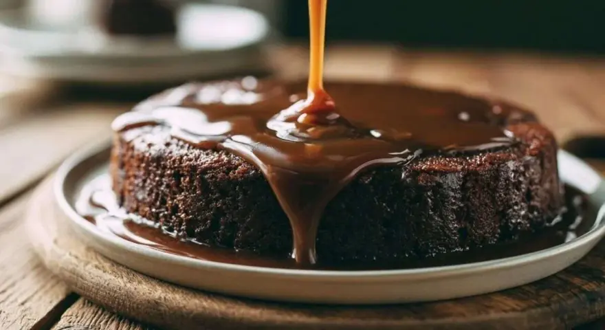 Un gâteau au chocolat moelleux est nappé d'une sauce caramel onctueuse. Une invitation à découvrir comment faire du caramel.