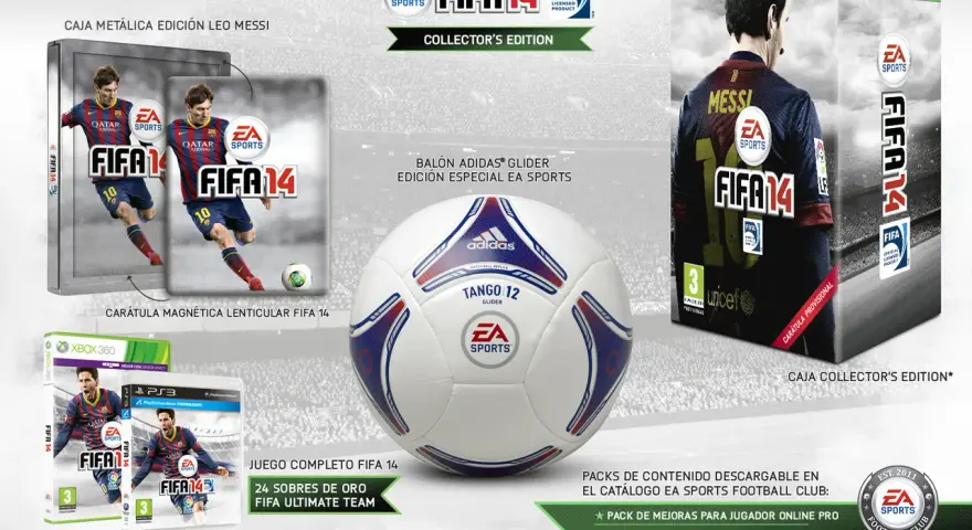 Edición Coleccionista de portada fifa 14 con balón, caja metálica de Leo Messi y juegos para Xbox 360 y PS3.