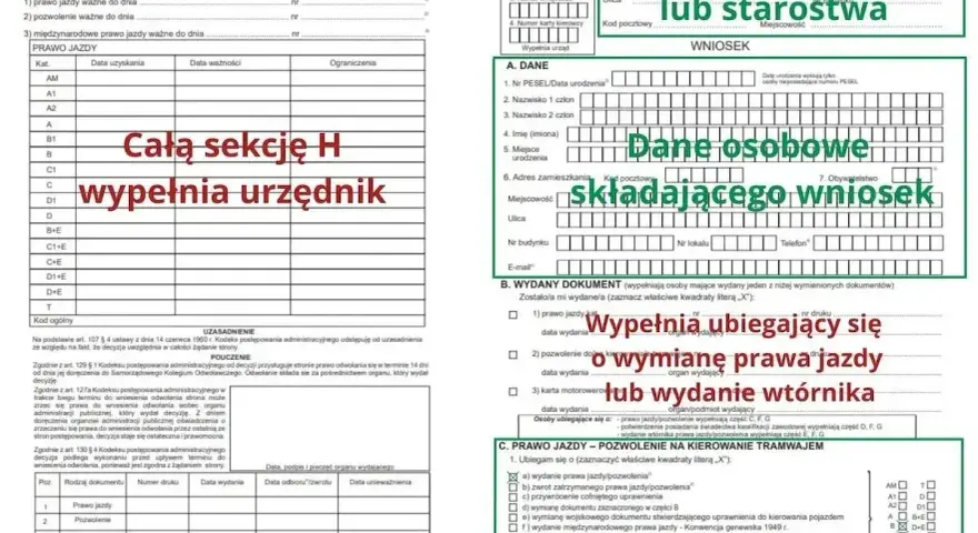 Wniosek o wydanie prawa jazdy, wypełnia urzędnik lub osoba składająca wniosek.