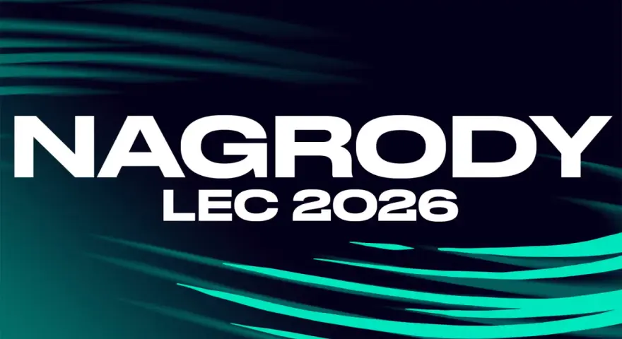 Napis "NAGRODY LEC 2026" na ciemnym tle z zielonymi pasami.