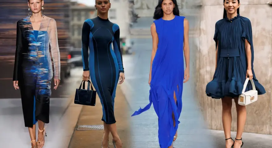 Four models in blue dresses on a runway and street.
