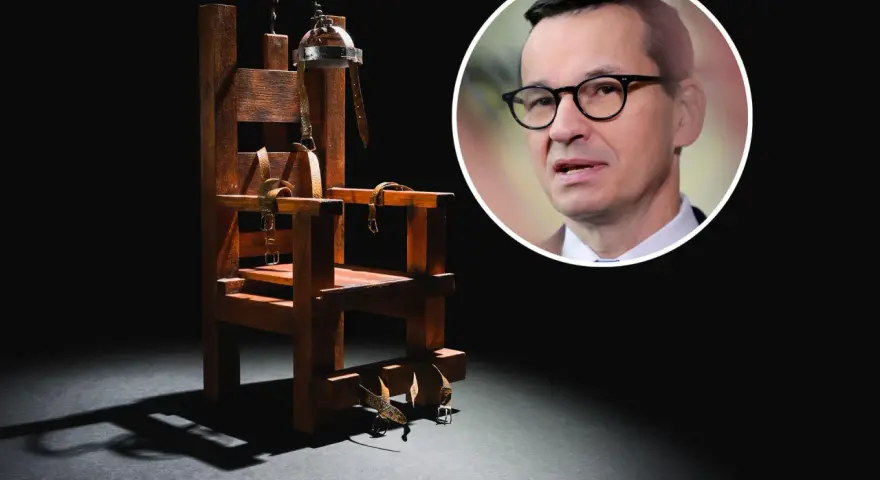Krzesło elektryczne, symbol kary śmierci, obok portretu polityka.