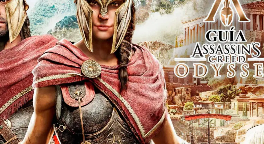 Guía para conseguir el platino en Assassin's Creed Odyssey. Dos guerreros espartanos con armadura dorada y capa roja posan ante ruinas griegas.
