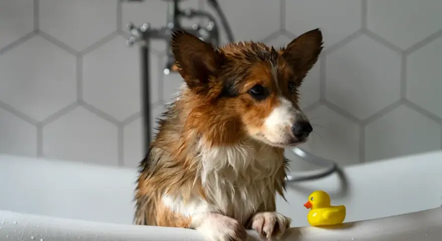 Mokry corgi w wannie z gumową kaczką. Jak wykąpać psa? To proste, gdy masz pomocnika!
