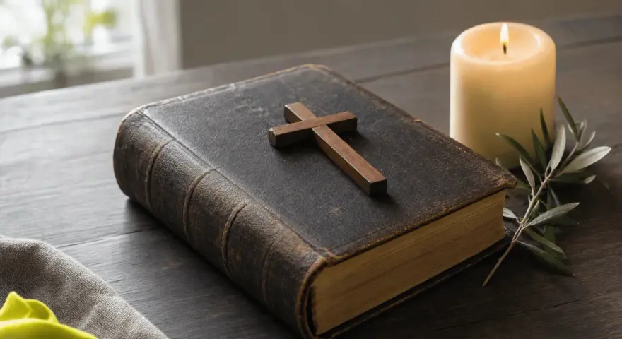 Stara biblia z krzyżem i płonącą świecą, symbol przygotowań do matury z wiedzy duchowej.