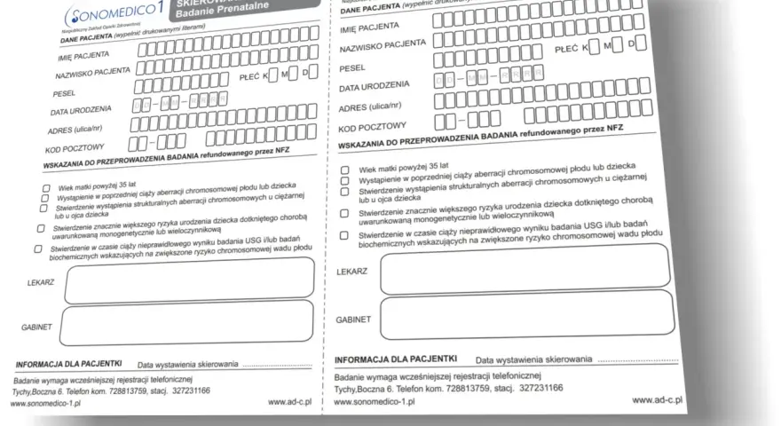 Dwa formularze skierowania na badanie prenatalne, z polami do wypełnienia danych pacjenta i wskazaniami do badań.
