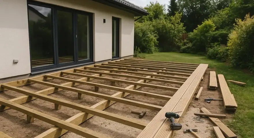 Budowa tarasu przed wejściem do domu. Drewniany stelaż czeka na deski, obok leżą narzędzia i materiały.