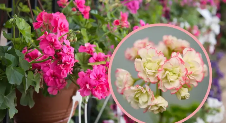 Różowa pelargonia rosebud astrid w doniczce, obok zbliżenie na jej kremowo-różowe kwiaty.