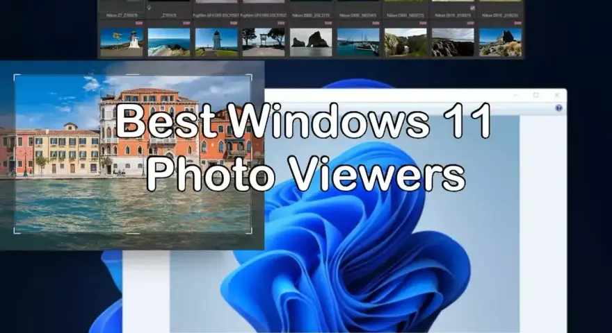 Przeglądarka zdjęć na Windows 11. Widok kolekcji zdjęć RAW i podgląd weneckiego krajobrazu.