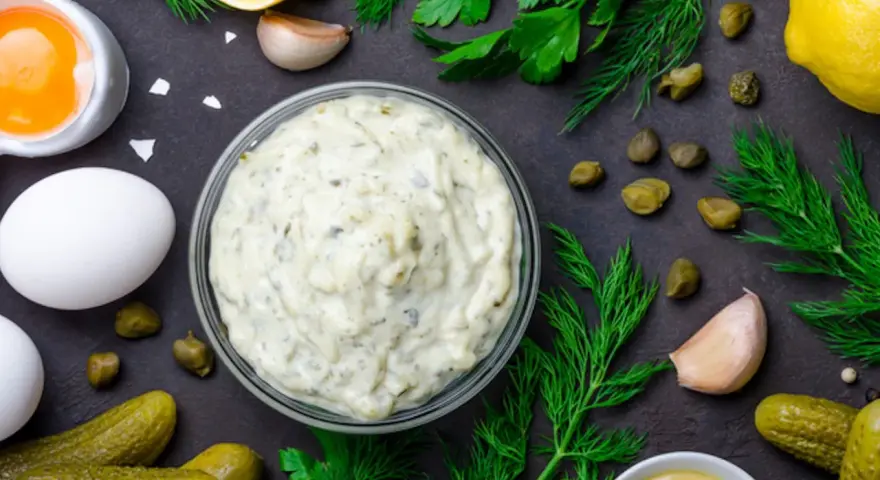 Ingredienti freschi per una deliziosa salsa tartara: uova, cetriolini, capperi, limone, aglio, aneto e prezzemolo.