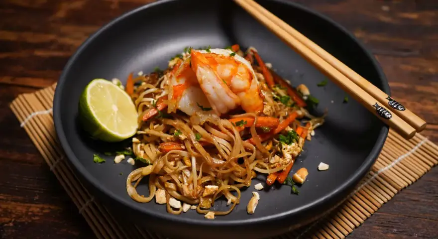 Ein Teller Pad Thai mit Garnelen, Limette und Erdnüssen, bereit zum Genießen.