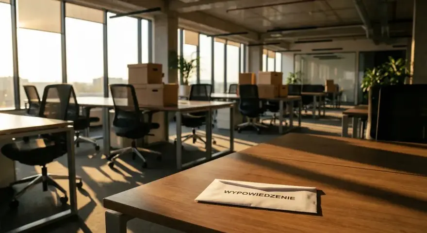 Puste biuro z kartonami na biurkach i kopertą z napisem "WYPOWIEDZENIE". Czy to początek zwolnienia grupowego od ilu osób?