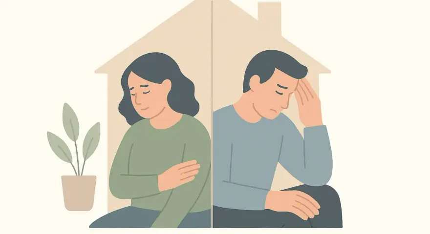 Un couple, séparé par une maison stylisée, exprime la tristesse et le désarroi d'une séparation de corps et de bien.