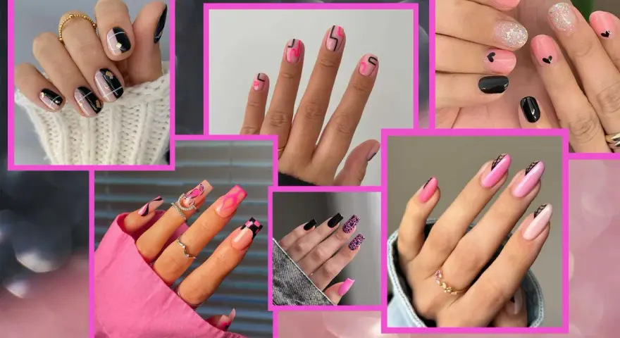 Collezione di unghie rosa e nere semplici con vari design: cuori, fiamme, geometrie e glitter.