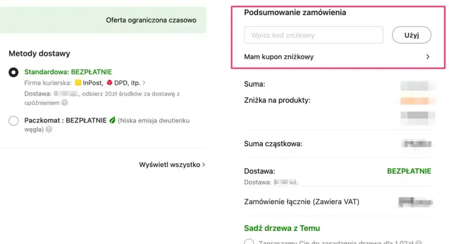Podsumowanie zamówienia z polem na wpisanie kodu zniżkowego. Możesz tu użyć swojego **koleo kupon rabatowy** i obniżyć cenę.