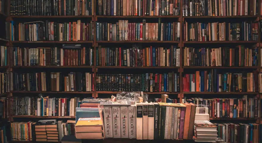 Wielka biblioteka pełna książek. Na pierwszym planie stosy książek, jedna z nich przypomina bułeczkę.
