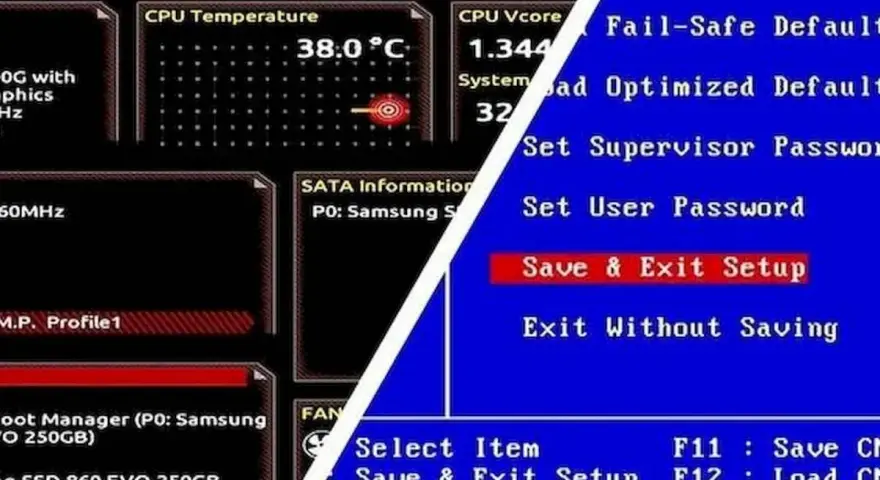 Ekran startowy BIOS-u pokazuje temperaturę CPU 38°C i opcje takie jak "Save & Exit Setup".