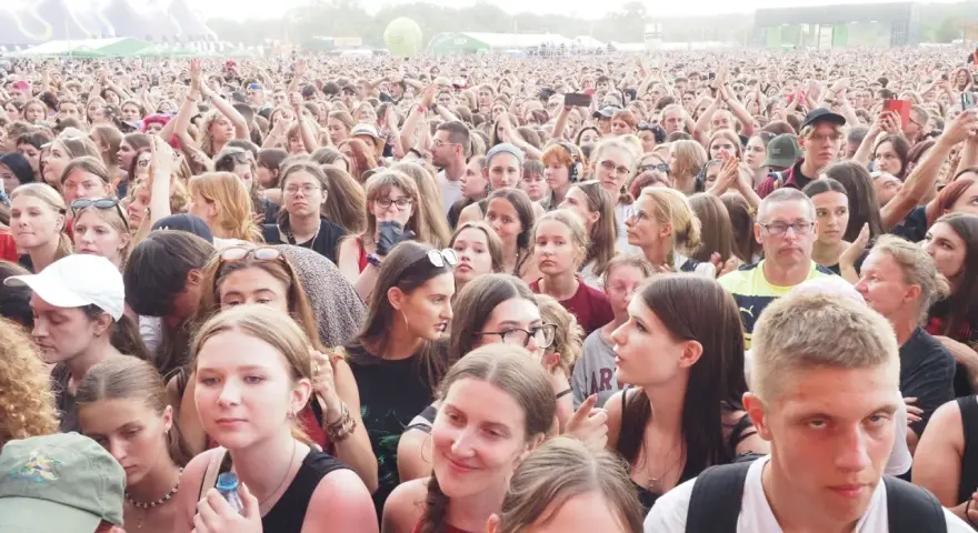 Tłum ludzi na lodz summer festival, z rękami w górze, cieszący się muzyką.