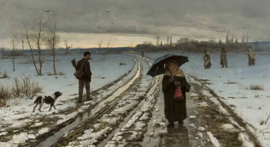 Droga błotnista, śnieg topnieje, ludzie idą w deszczu. To obraz przedwiośnia, symbolizujący nadzieję na wiosnę.