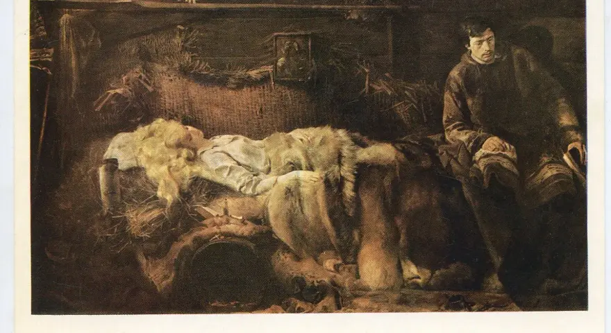 Malczewski przy łóżku chorej Ellenai, która leży otulona futrem. Mężczyzna czyta książkę, pogrążony w smutku.