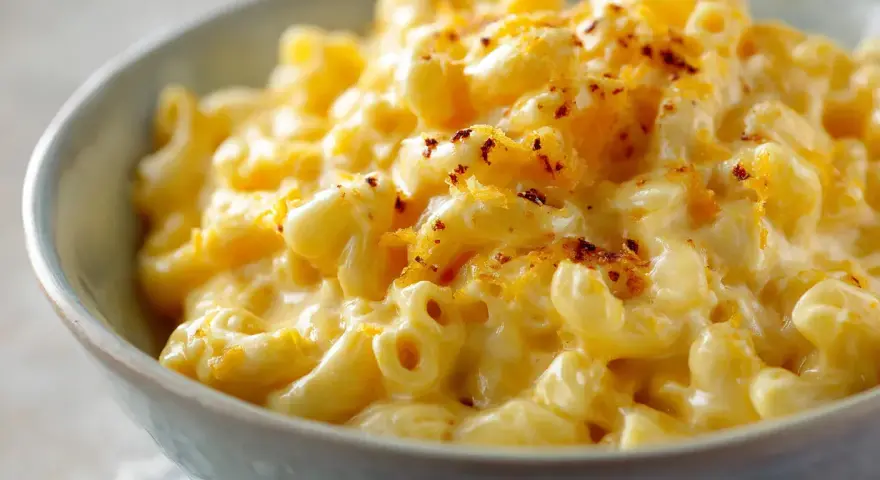 En skål med krämig mac and cheese, toppad med riven ost och lite kryddor. Perfekt comfort food!
