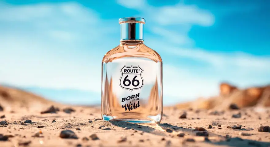 Szklana butelka perfum Route 66 "Born to be Wild" stoi na piaszczystej pustyni pod błękitnym niebem.