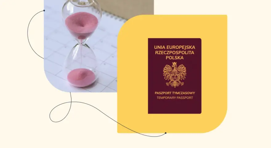 Klepsydra i polski paszport tymczasowy na tle kalendarza.
