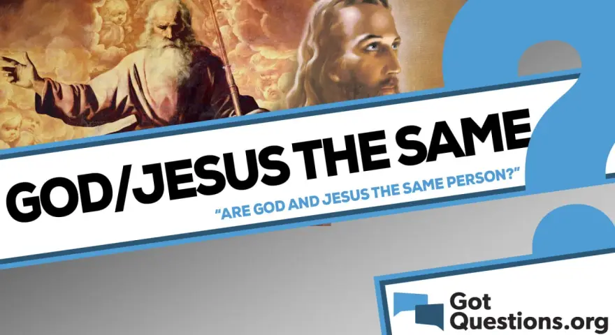Artwork depicts God and Jesus, asking "Are God and Jesus the same person?" exploring the nature of who is God.